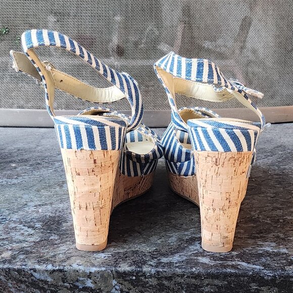 Eva & Zoe Blue/White Striped Sexy 1940s Cork Wedge Sandals Size 8 - Picture 15 of 16